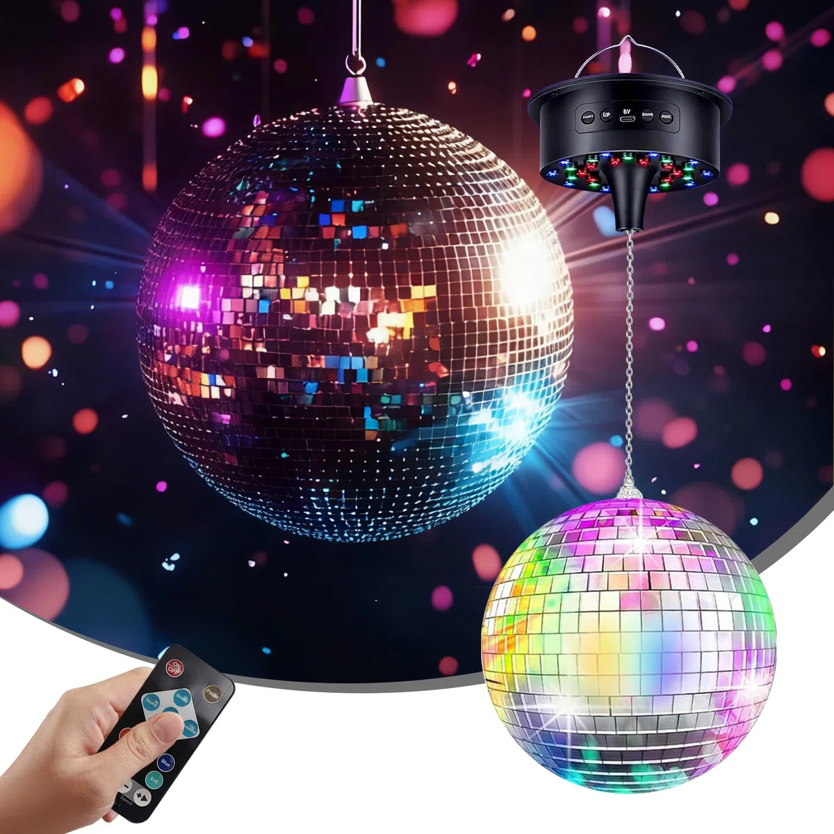 Sfera da discoteca con motore e luce (10 giri/min) - Sfera da discoteca argentata da 20 cm, 6 modalità di colore e 30 perle LED, per discoteca, festa ed effetti luminosi (Specifiche europee)