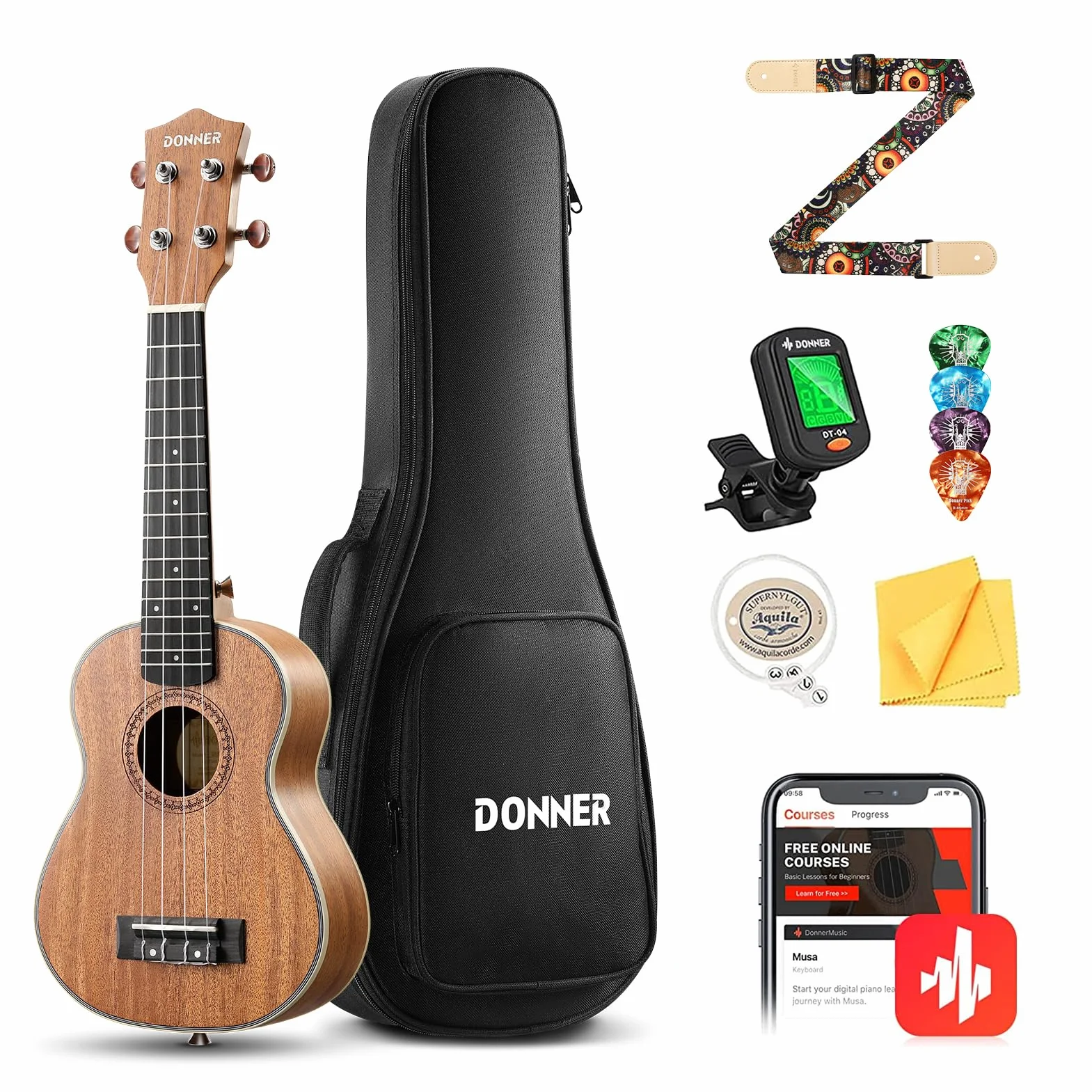 Donner Ukulele Concerto 23 Pollici Ukulele Principianti Kit per Bambino Studente con Corda Nylon Ukulele Hawaiano Mogano Legno Online Lezione DUC200