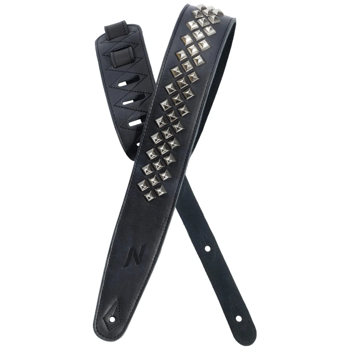 Nefelibata Tracolla per chitarra in pelle pieno fiore imbottitura in schiuma e rivetti quadrati in argento diamantato per chitarre elettriche, acustiche e bassi (larghezza 2,5", nero carbone)